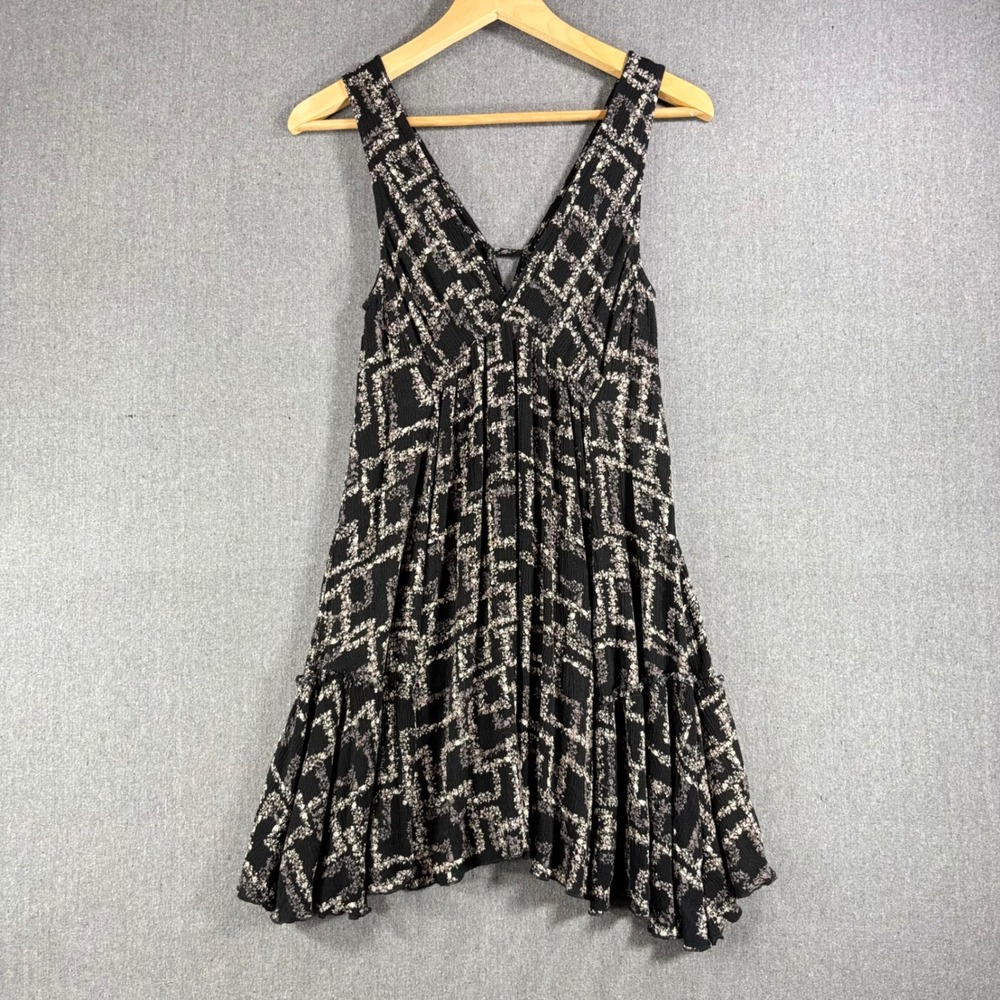 Millibon Mini Dress Women Small Black Geometric Floral V-Neck Tiered Boho